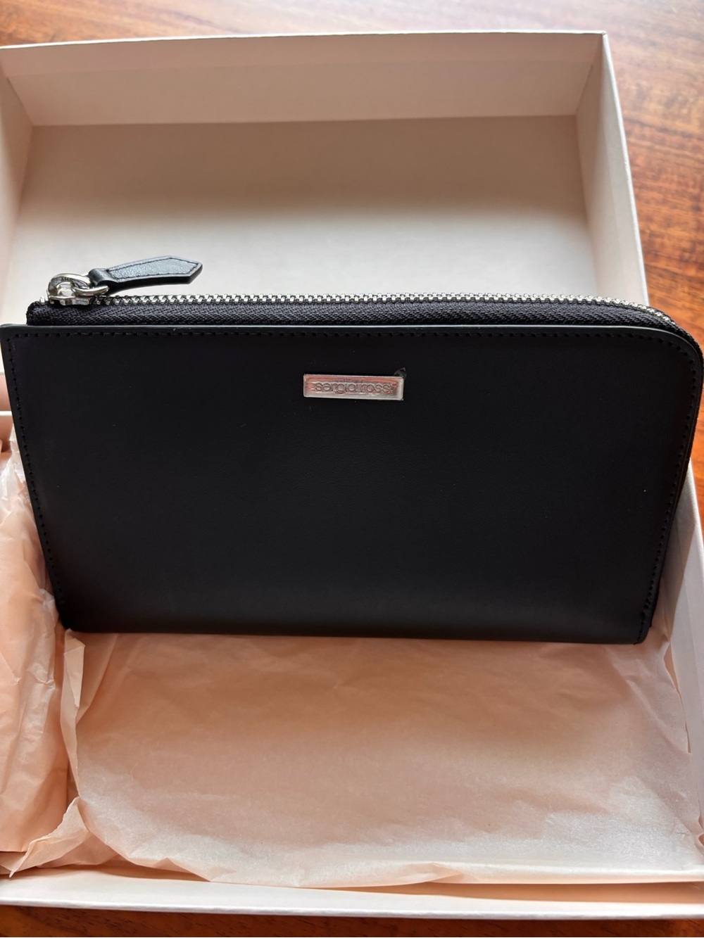 NIB Sergio Rossi Leather Zip-Around Wallet - Black